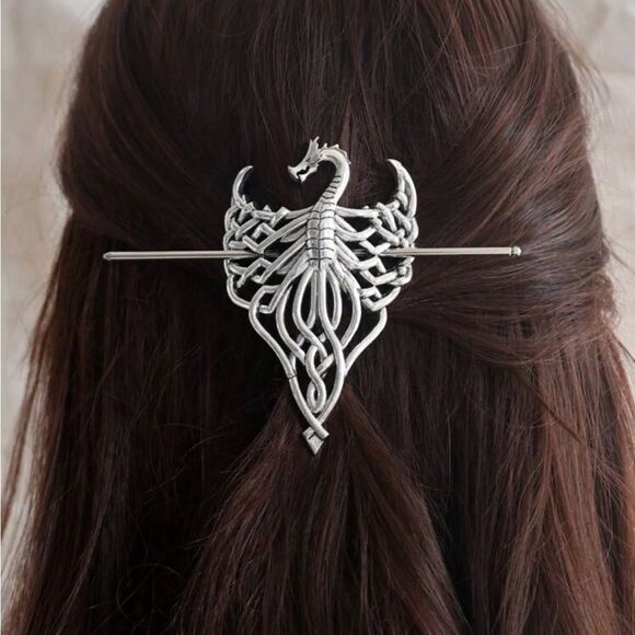 Vintage Inspired Viking Dragon Hair Accessory Silver Tone, Matching Hair Pin - Picture 2 of 2